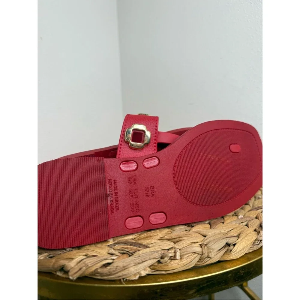NWT Larroude’ Milan Jelly Grommet Thong Red Sandal Gold Buckle Logo Nordstrom